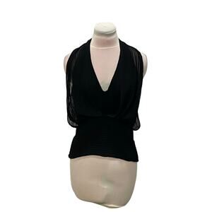 BCBGMAXAZRIA Black 100% Silk Halter Top Sheer SIZE 8 Flowy Deep V Sexy Open Back